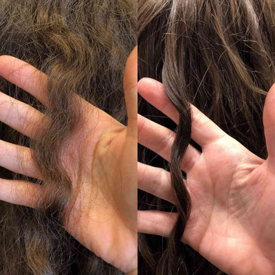 Before and after of brown curly hair going from frizzy to defined