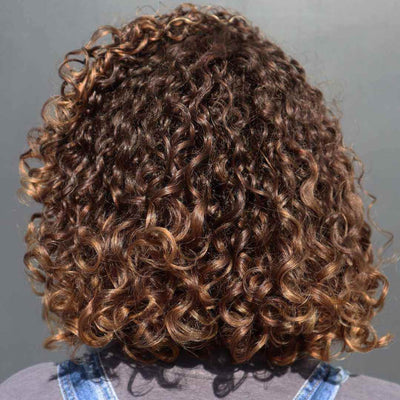 back of head showing brunette thick ringlets with a 3c curly hair pattern