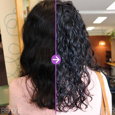 woman with black curly hair showing a before and after from frizzy flat curls to defined curls