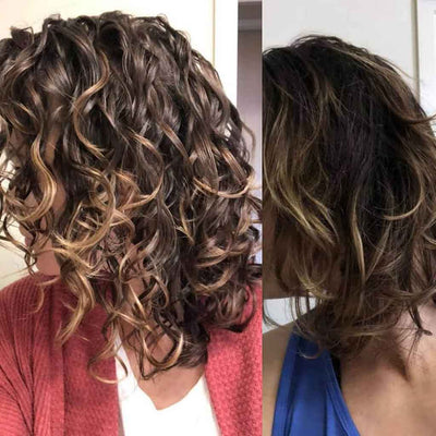 caucasian with short brunette hair showing a before and after of her curly hair with defined wavy curls on the left and frizzy flat unmanaged curls on the right