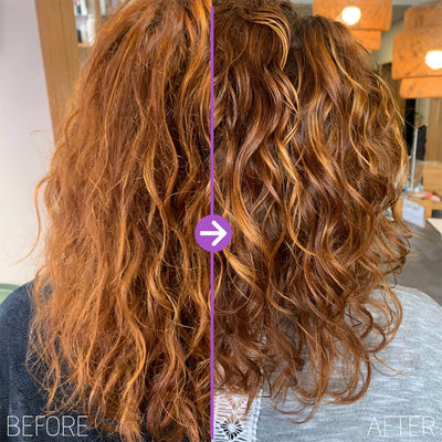 blonde wavy hair transition from frizzy to defined curls in a before and after image